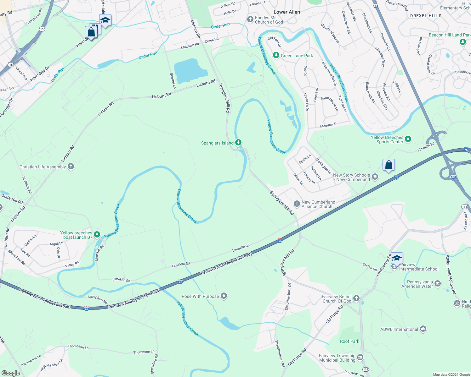 map of restaurants, bars, coffee shops, grocery stores, and more near 101 Spanglers Mill Road in New Cumberland