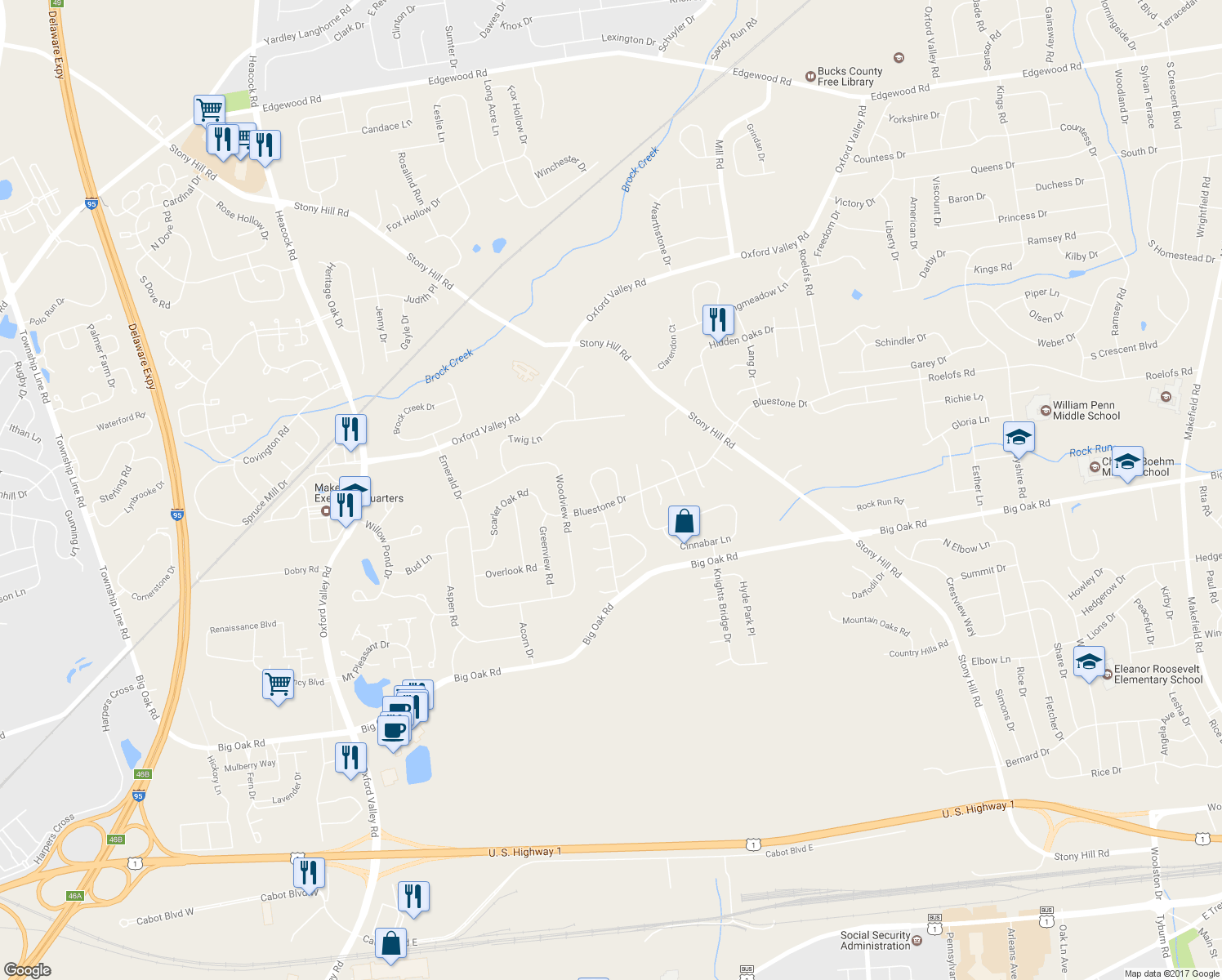 map of restaurants, bars, coffee shops, grocery stores, and more near 385 Tall Meadow Lane in Yardley