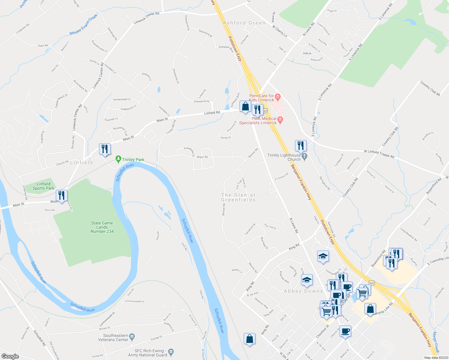 map of restaurants, bars, coffee shops, grocery stores, and more near 157 Benner Road in Royersford