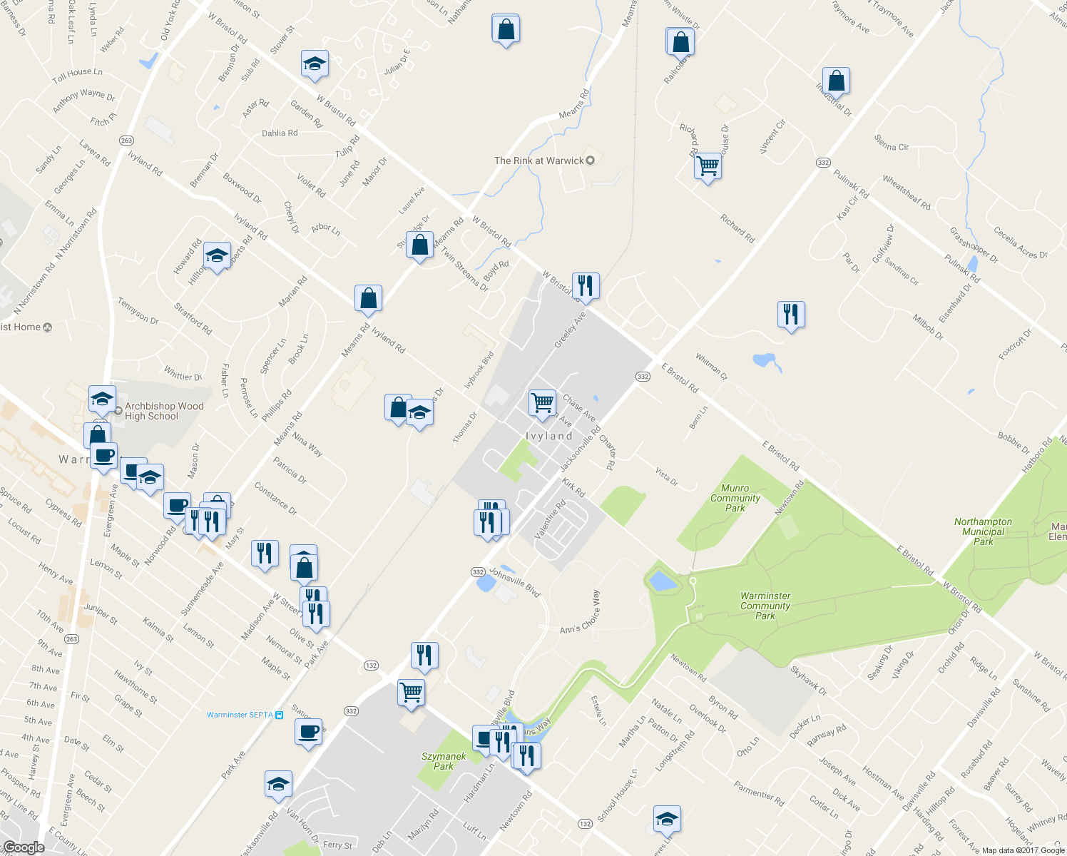 map of restaurants, bars, coffee shops, grocery stores, and more near 84 Gough Avenue in Ivyland