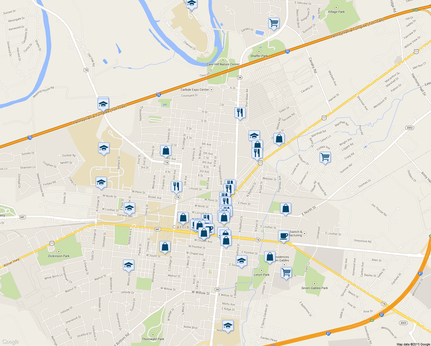map of restaurants, bars, coffee shops, grocery stores, and more near 517 North Pitt Street in Carlisle