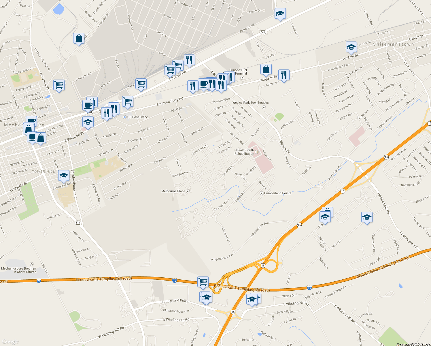 map of restaurants, bars, coffee shops, grocery stores, and more near 581 Brighton Place in Mechanicsburg