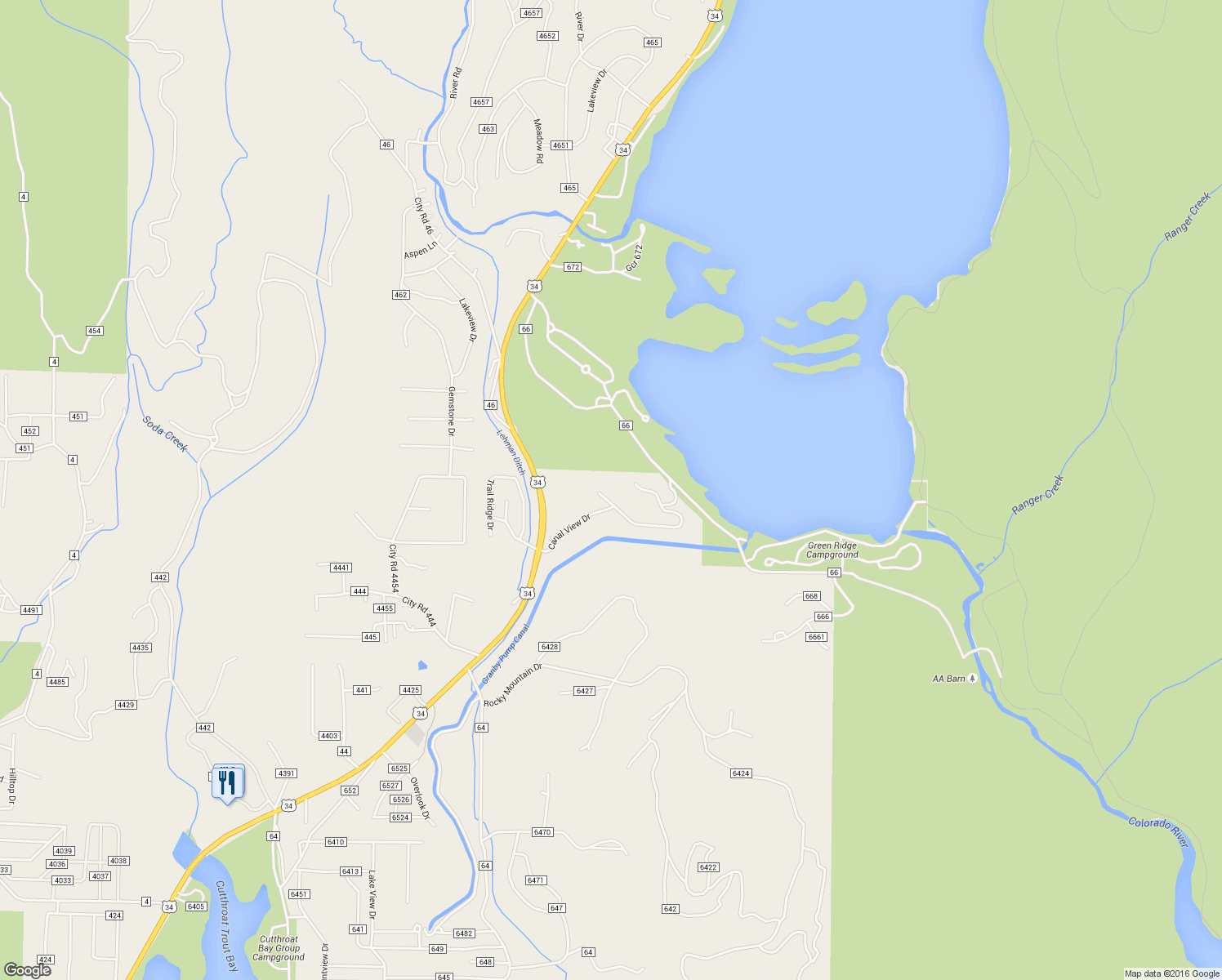 map of restaurants, bars, coffee shops, grocery stores, and more near 35 Canal View Cir in Grand Lake