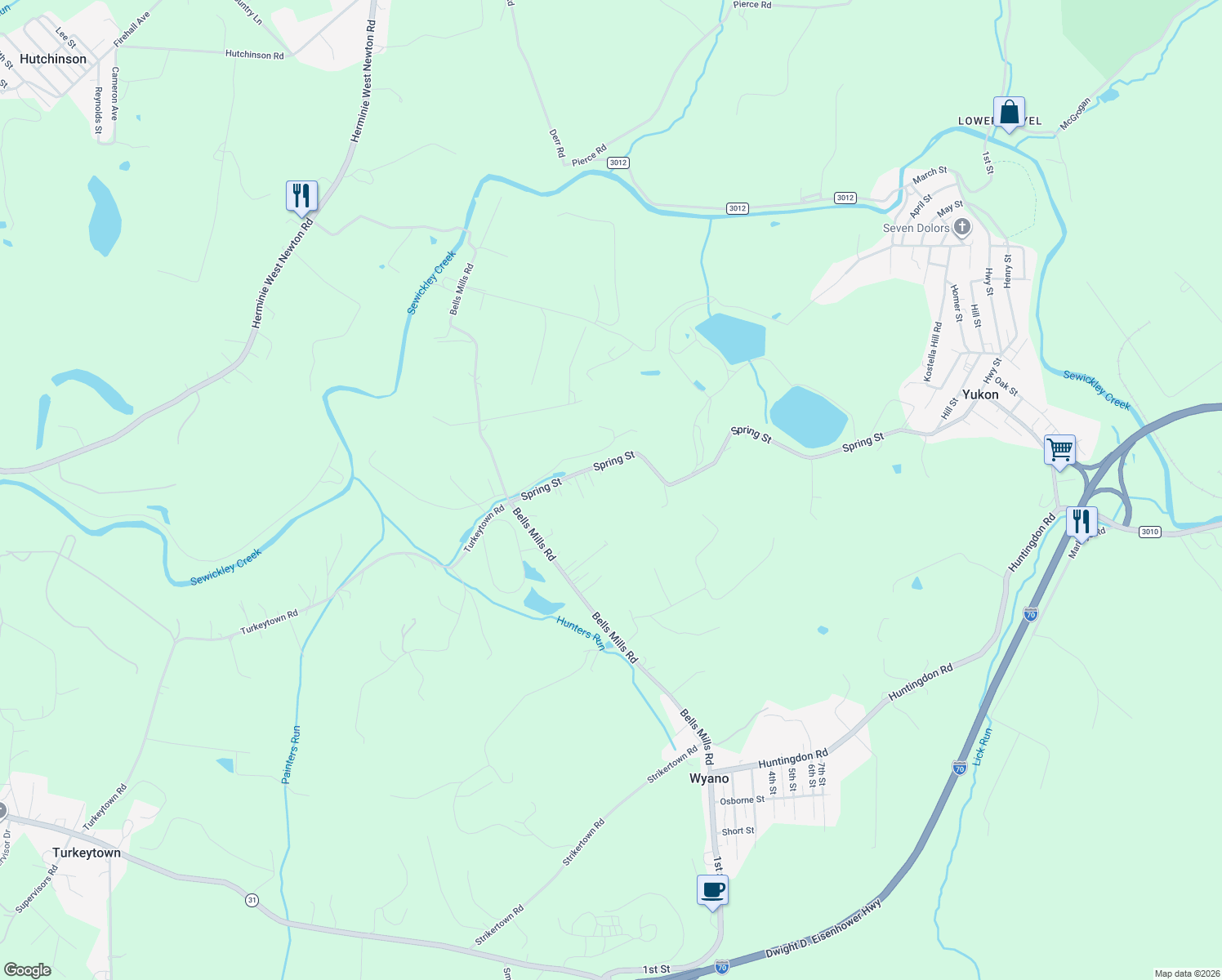 map of restaurants, bars, coffee shops, grocery stores, and more near 152 Spring Street in Yukon