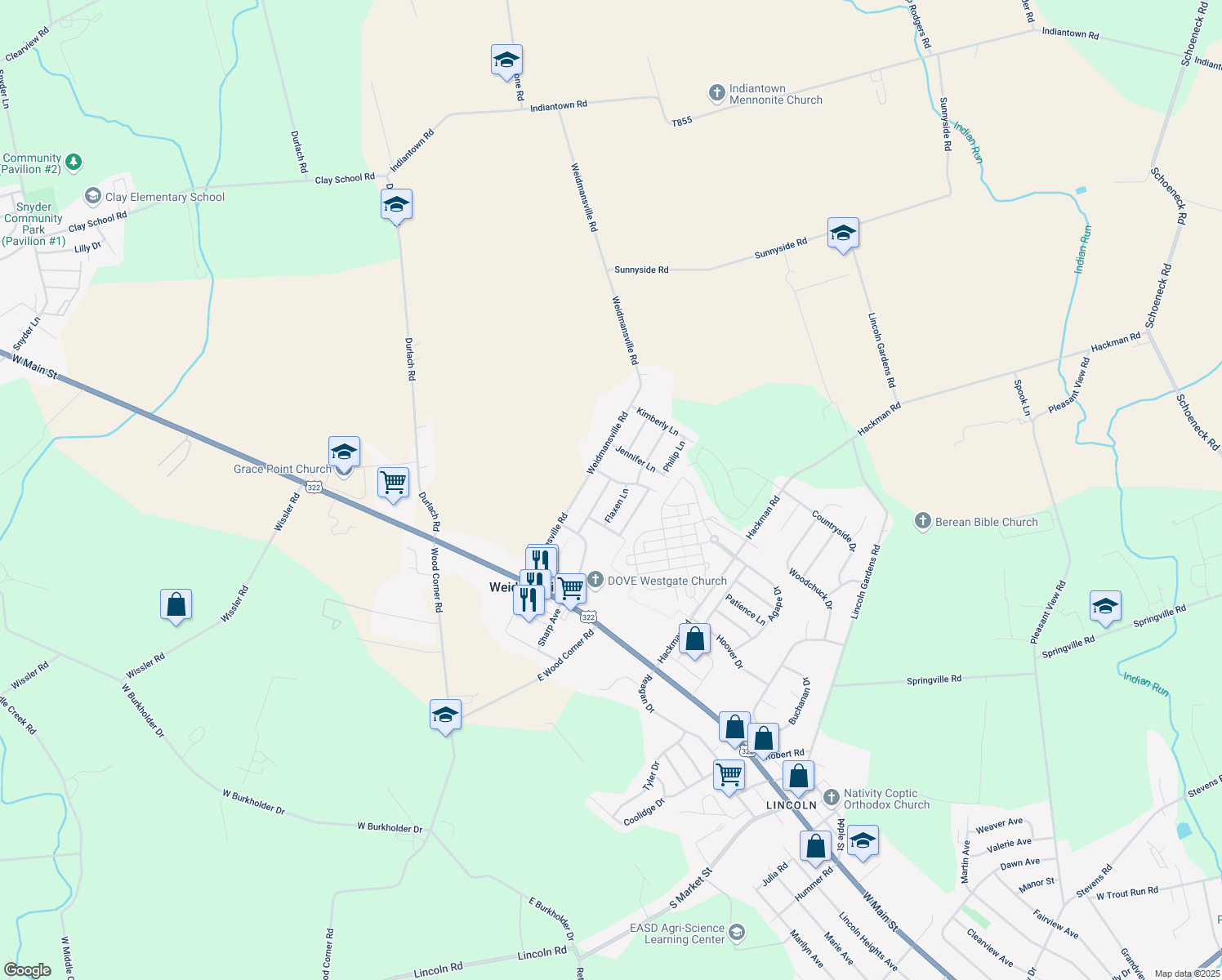 map of restaurants, bars, coffee shops, grocery stores, and more near 123 Queen Annes Way in Ephrata