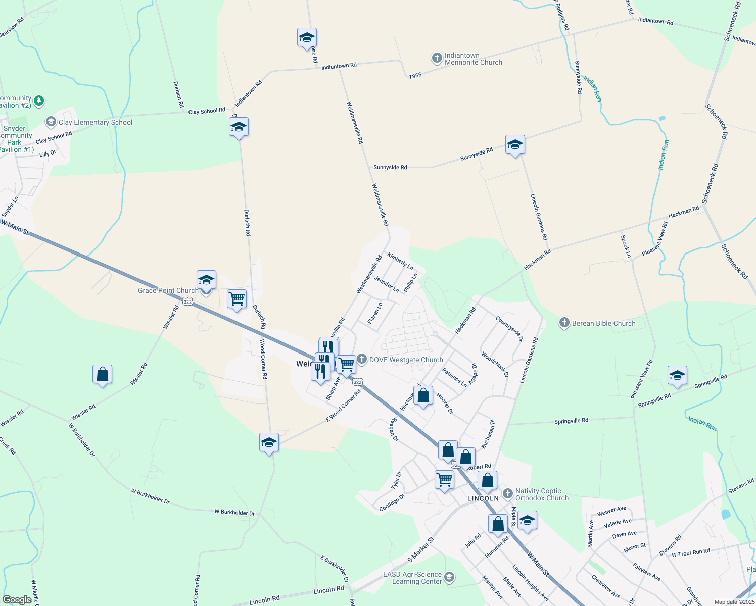 map of restaurants, bars, coffee shops, grocery stores, and more near 418 Flaxen Lane in Ephrata