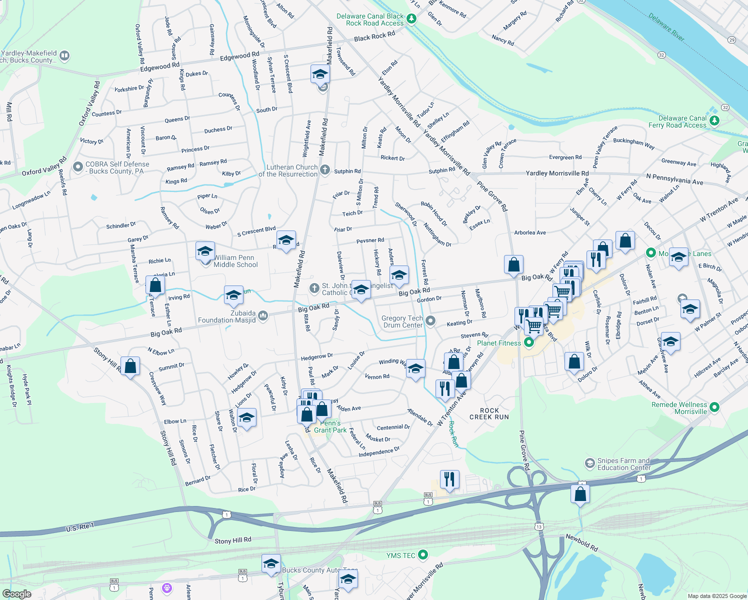 map of restaurants, bars, coffee shops, grocery stores, and more near 1 Noreen Drive in Morrisville