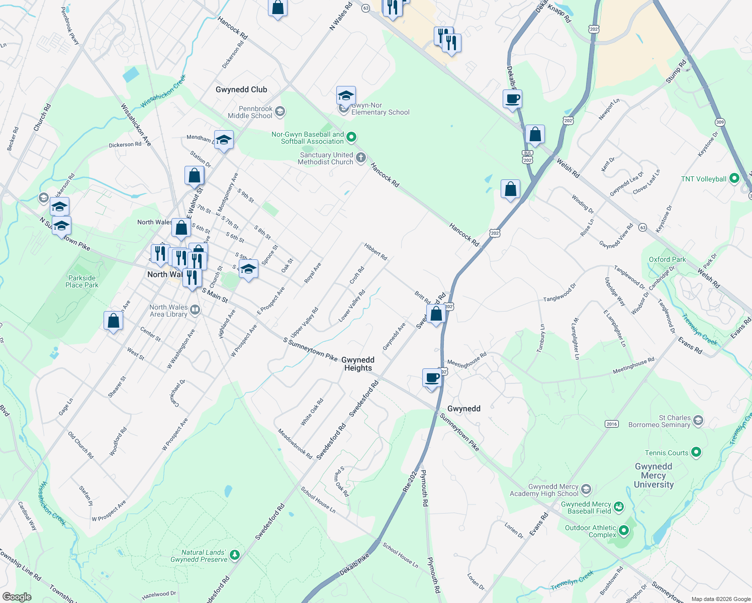 map of restaurants, bars, coffee shops, grocery stores, and more near 313 6th Street in North Wales