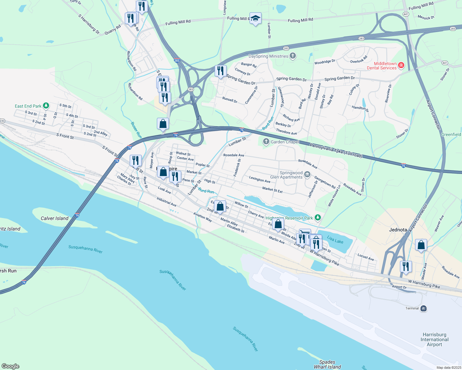 map of restaurants, bars, coffee shops, grocery stores, and more near 422 High Street in Highspire