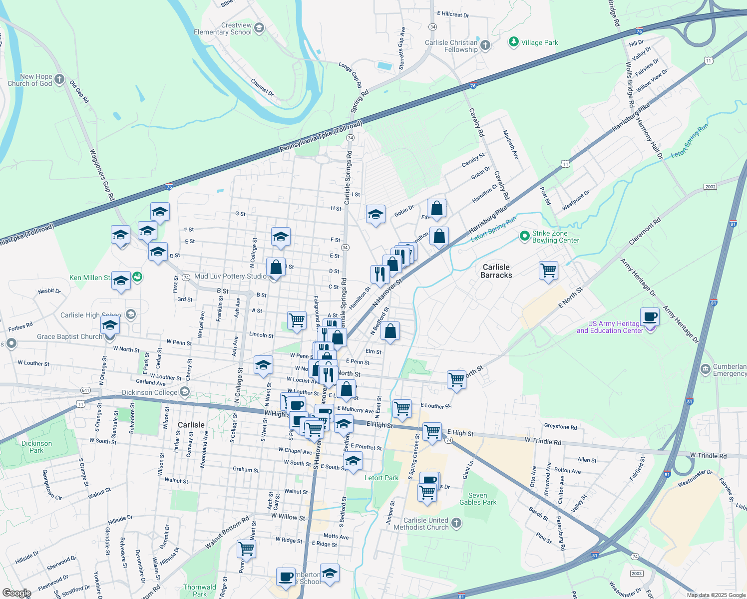 map of restaurants, bars, coffee shops, grocery stores, and more near 636 North Hanover Street in Carlisle