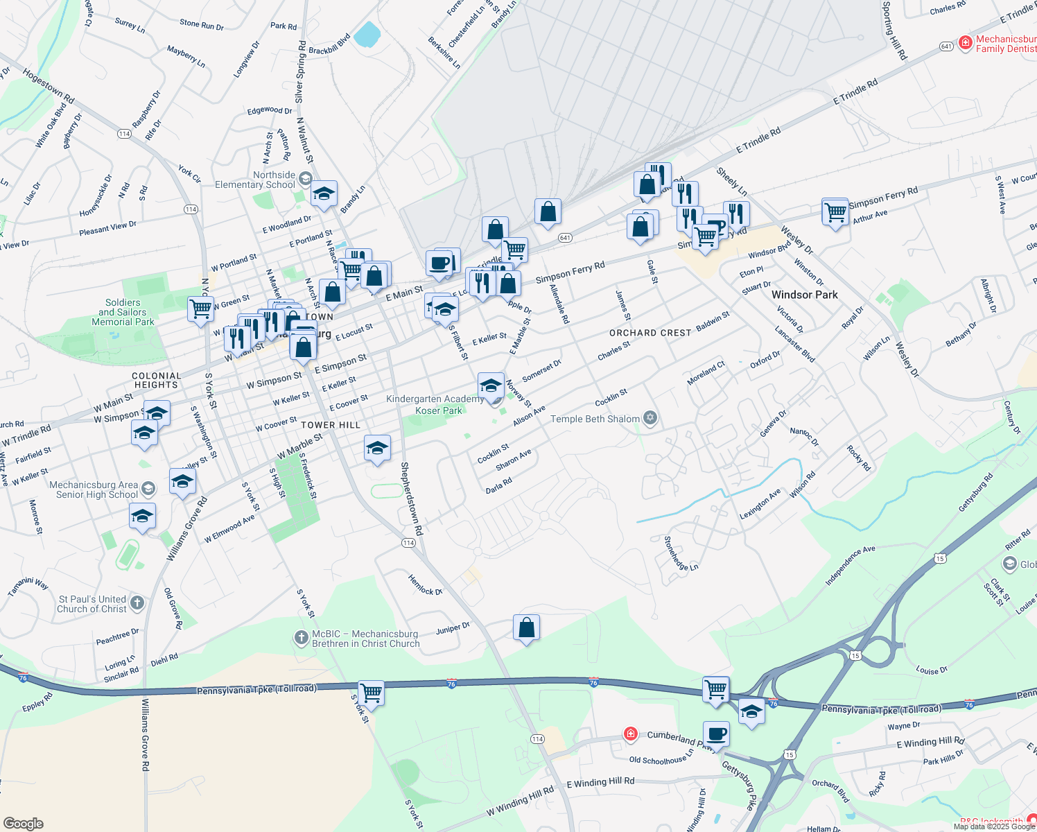 map of restaurants, bars, coffee shops, grocery stores, and more near 507 Alison Avenue in Mechanicsburg