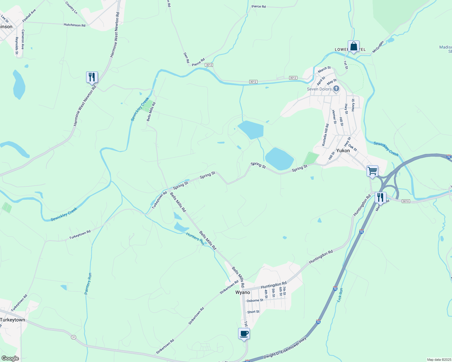 map of restaurants, bars, coffee shops, grocery stores, and more near 197 Spring Street in Yukon
