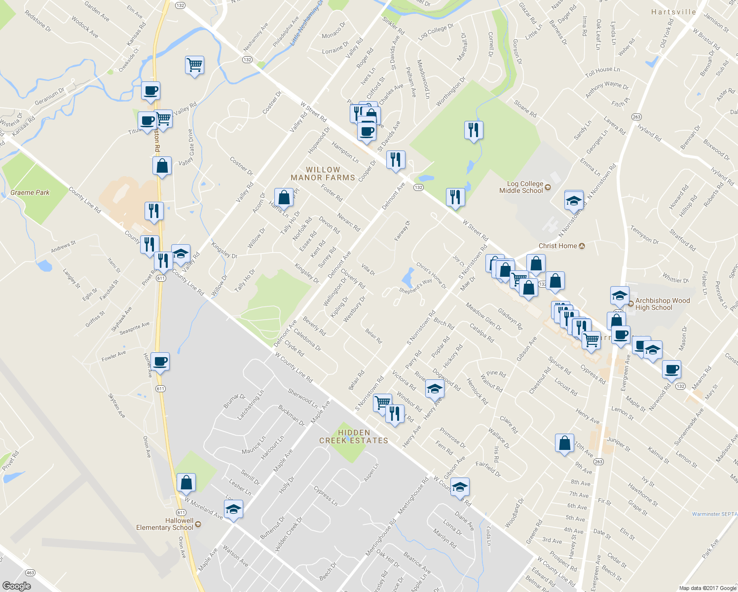 map of restaurants, bars, coffee shops, grocery stores, and more near 257 Westbury Drive in Warminster