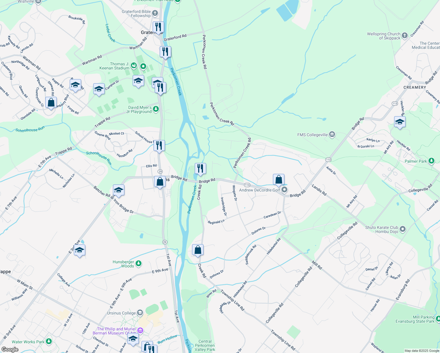 map of restaurants, bars, coffee shops, grocery stores, and more near 547 Bridge Road in Collegeville