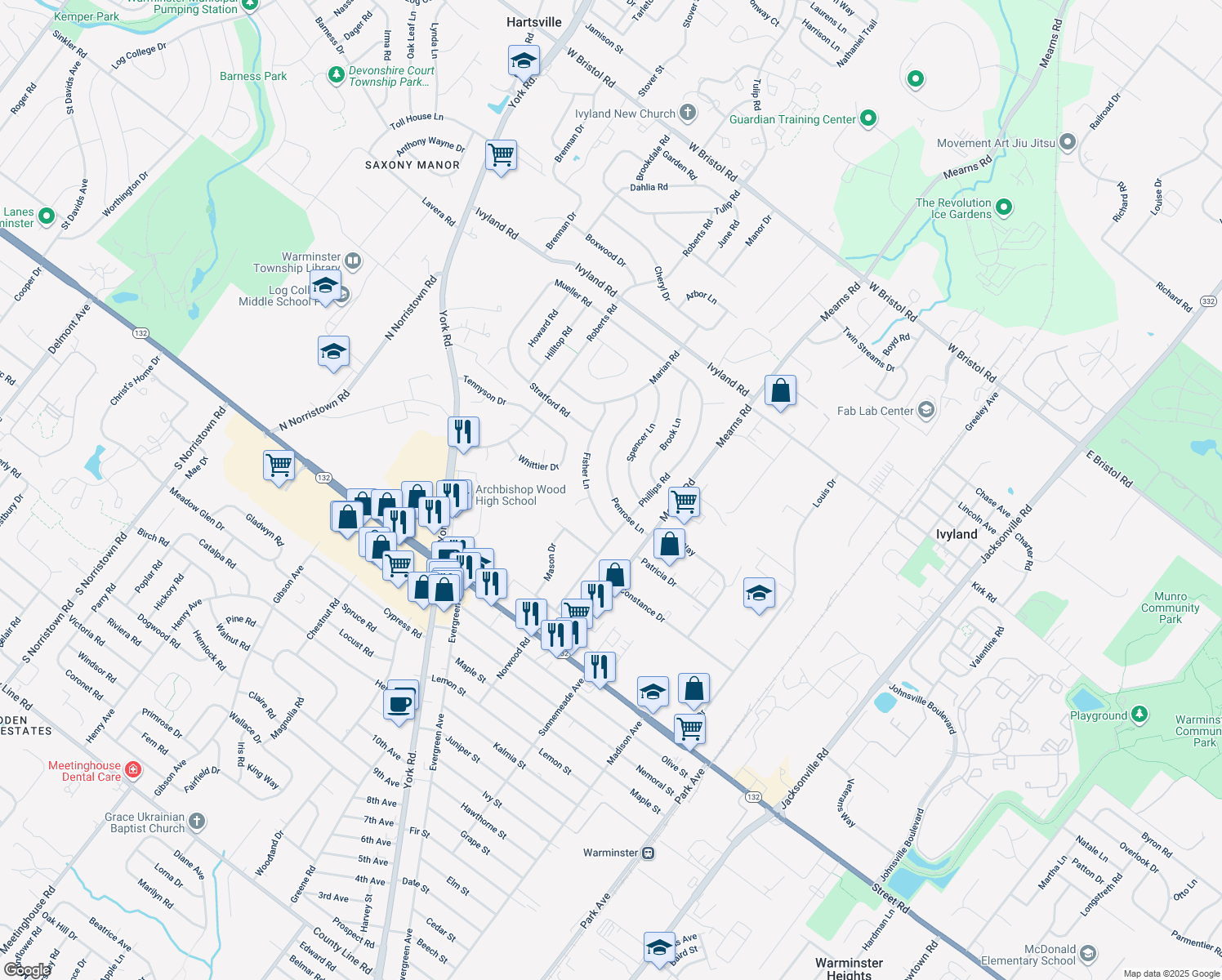 map of restaurants, bars, coffee shops, grocery stores, and more near 513 Penrose Lane in Warminster