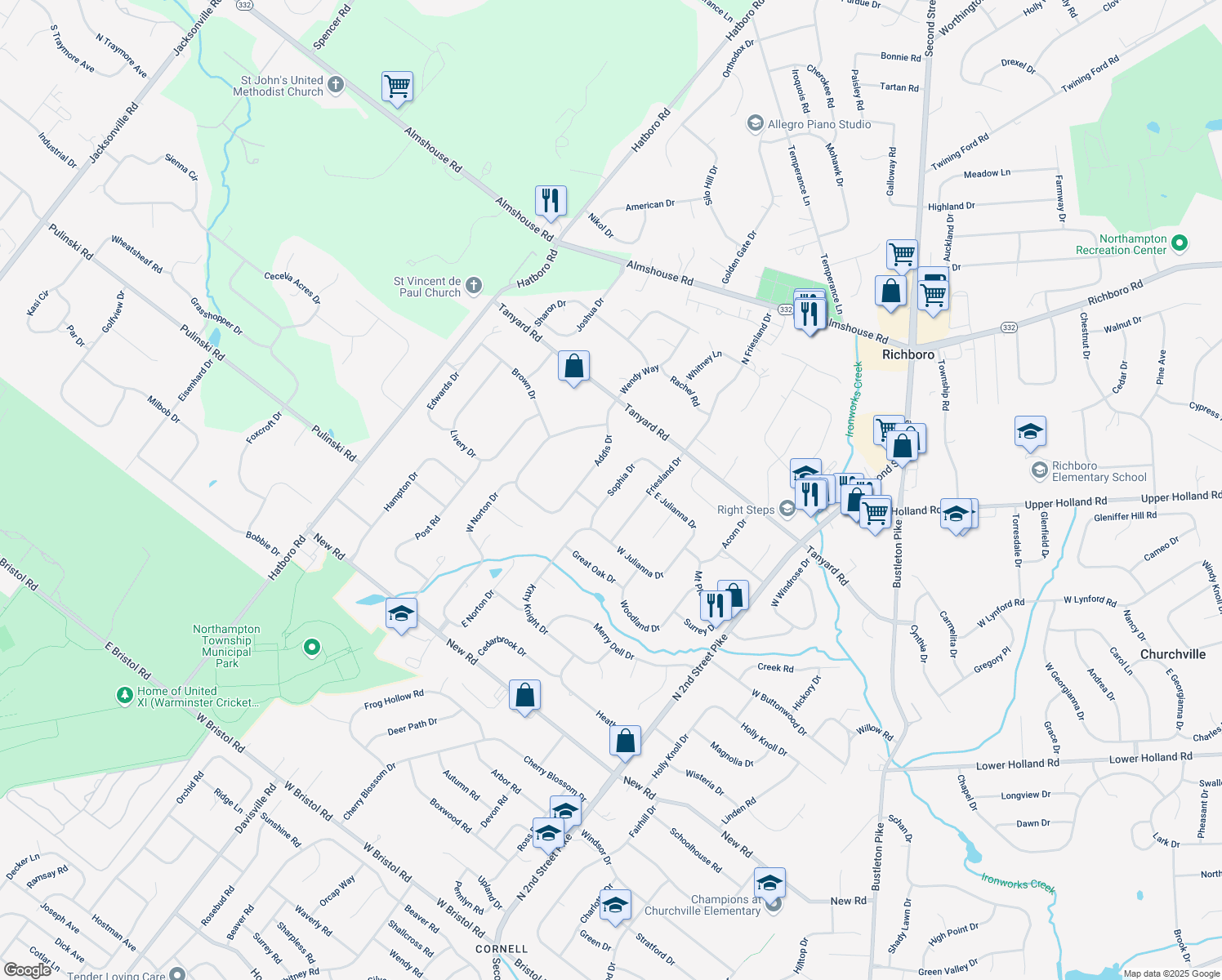 map of restaurants, bars, coffee shops, grocery stores, and more near 78 Sophia Drive in Southampton