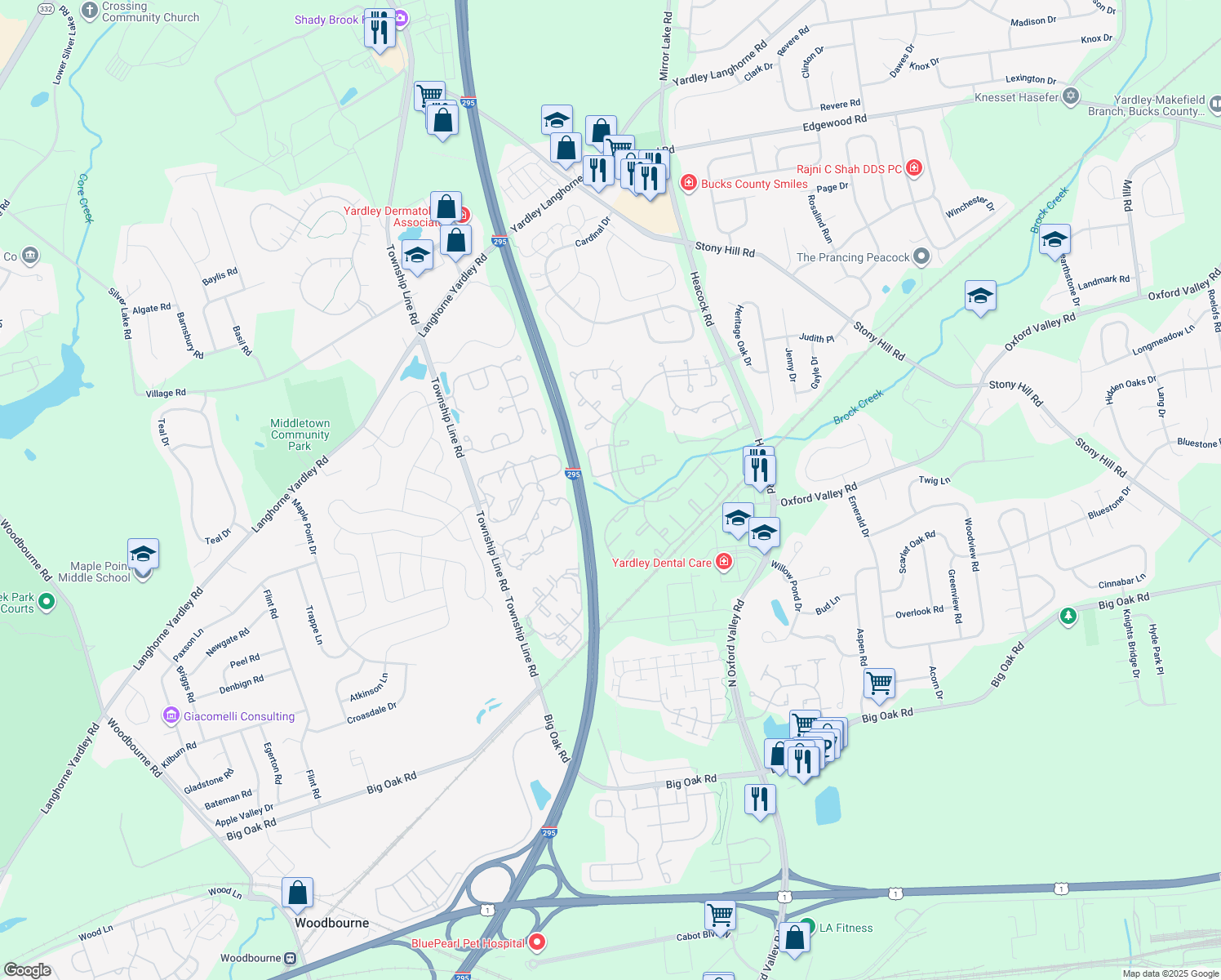 map of restaurants, bars, coffee shops, grocery stores, and more near 2903 Brookhaven Drive in Yardley