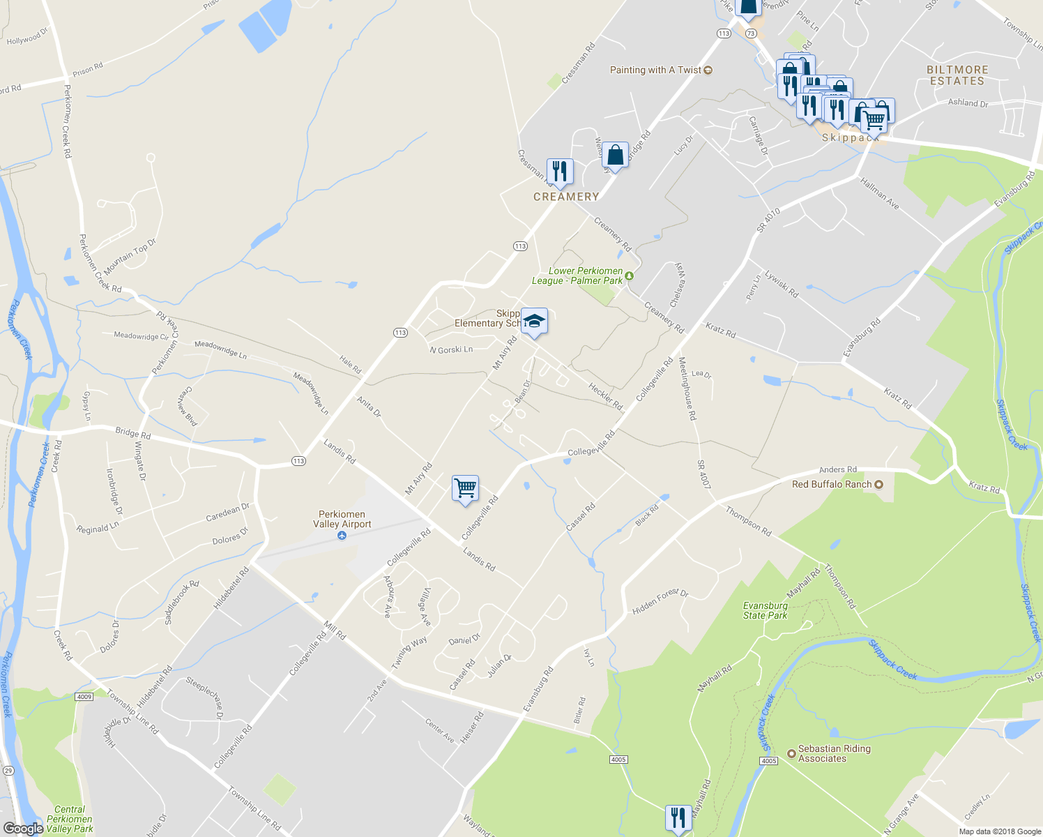 map of restaurants, bars, coffee shops, grocery stores, and more near 4033 Miller Road in Collegeville