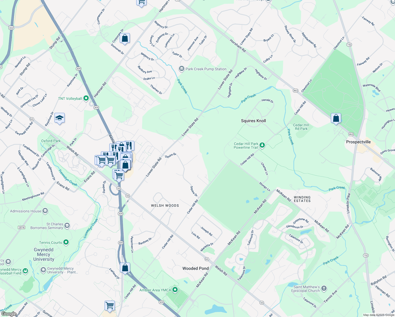 map of restaurants, bars, coffee shops, grocery stores, and more near 8 Gentry Ln in Ambler