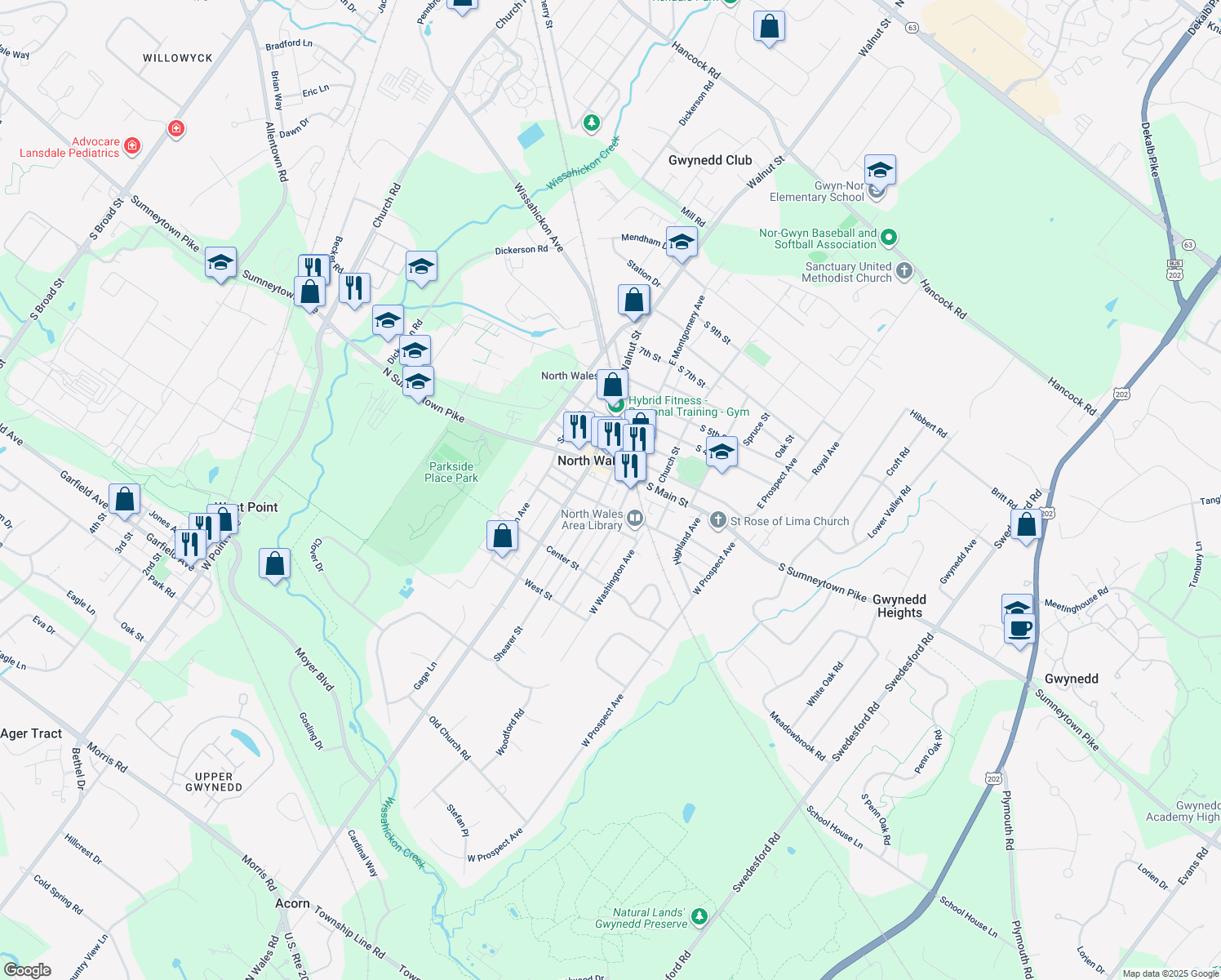 map of restaurants, bars, coffee shops, grocery stores, and more near 123 Shearer Street in North Wales