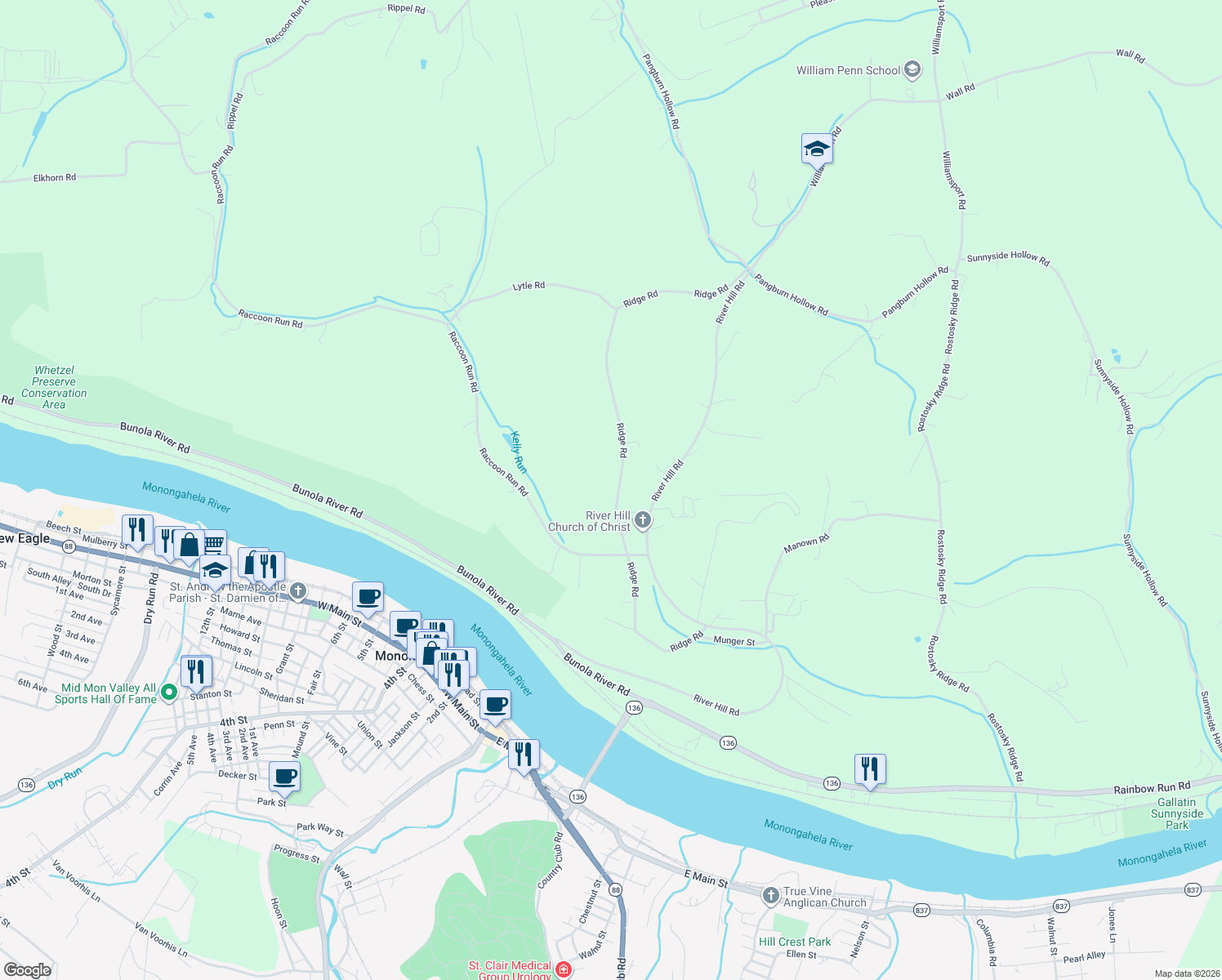 map of restaurants, bars, coffee shops, grocery stores, and more near 85 Ridge Road in Monongahela