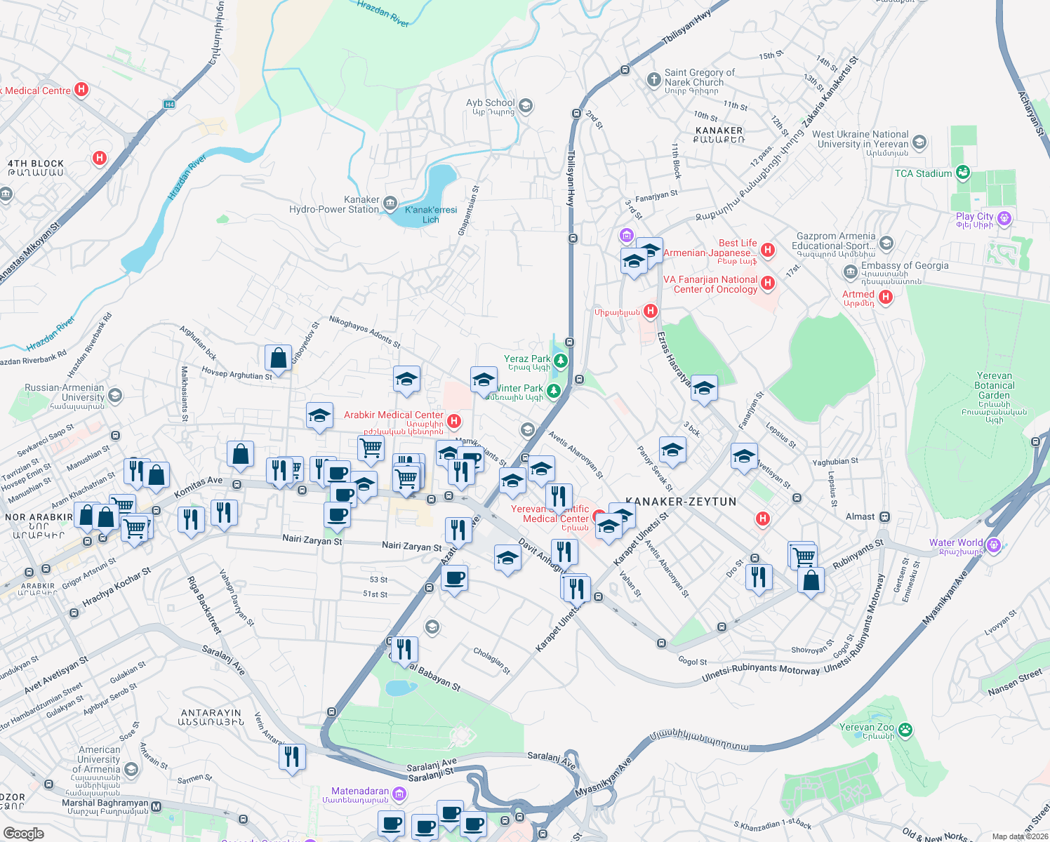 map of restaurants, bars, coffee shops, grocery stores, and more near 1 Nikoghayos Adonts Street in Yerevan