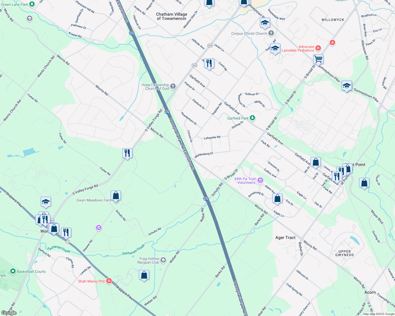 map of restaurants, bars, coffee shops, grocery stores, and more near 1985 Muhlenberg Dr in Lansdale