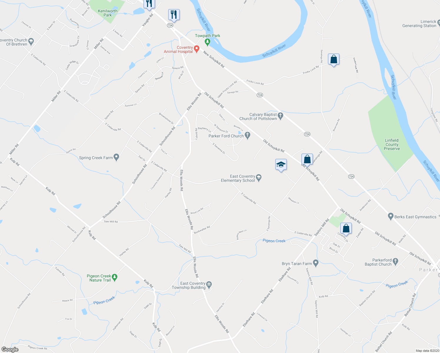map of restaurants, bars, coffee shops, grocery stores, and more near 2323 East Cedarville Road in Pottstown