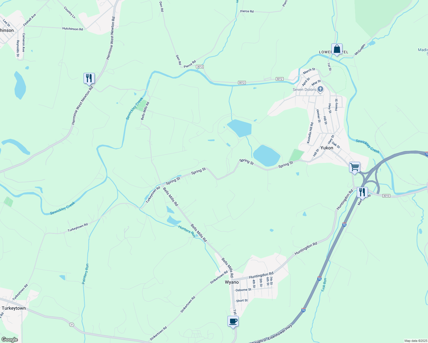 map of restaurants, bars, coffee shops, grocery stores, and more near 197 Spring Street in Yukon