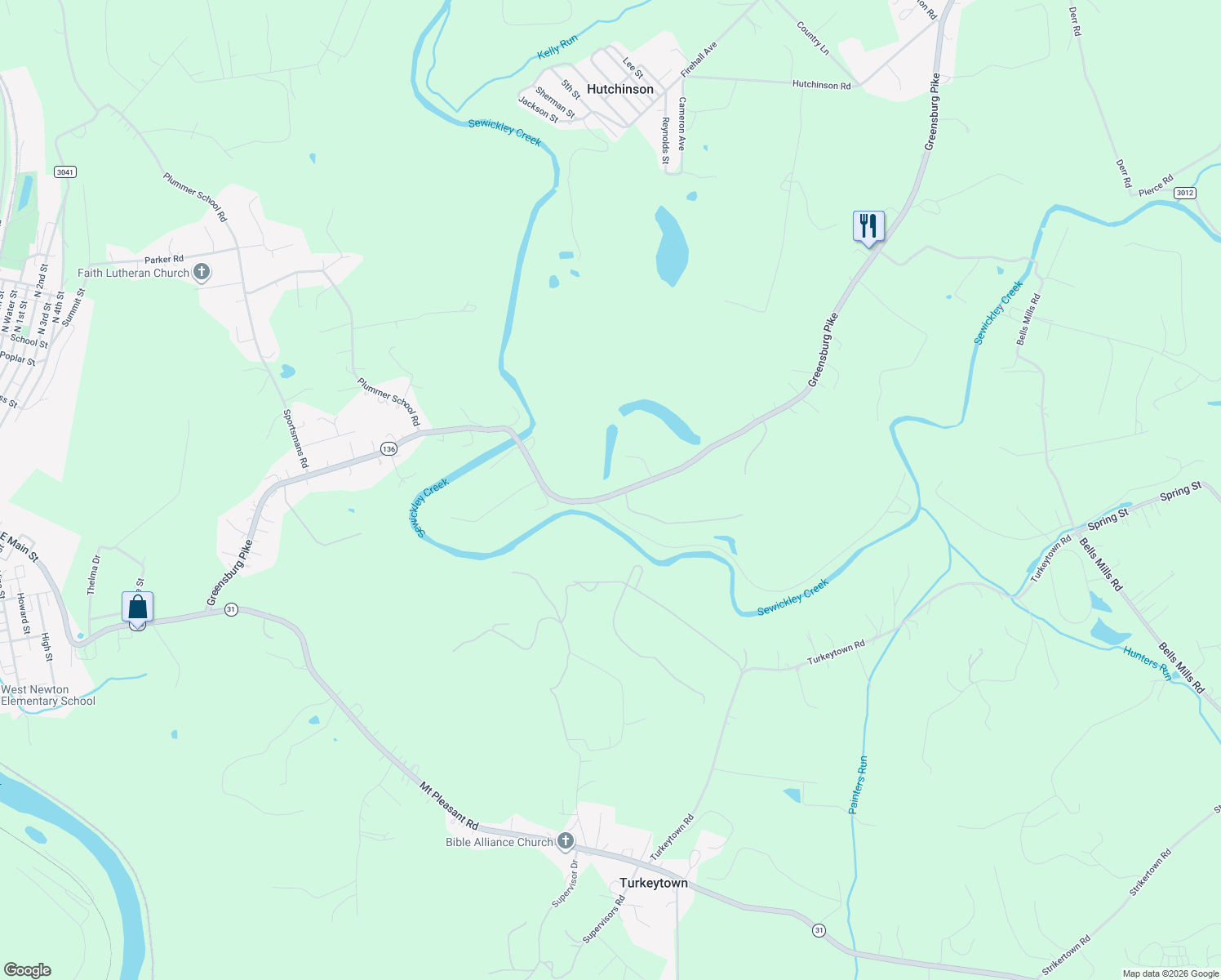 map of restaurants, bars, coffee shops, grocery stores, and more near 819 Greensburg Pike in West Newton