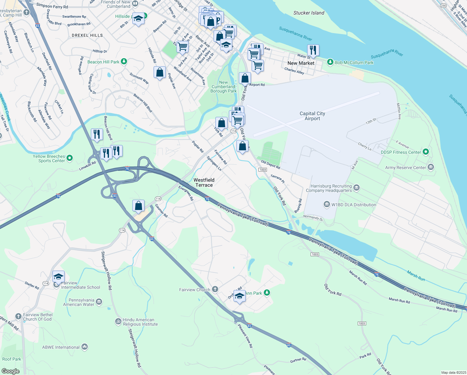 map of restaurants, bars, coffee shops, grocery stores, and more near 42 Springers Lane in New Cumberland