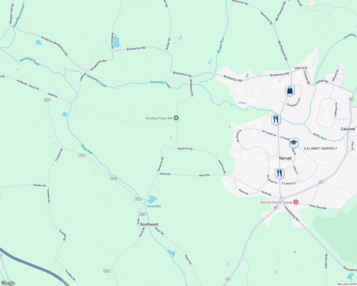map of restaurants, bars, coffee shops, grocery stores, and more near 114 Sewickley Creek Road in Mount Pleasant