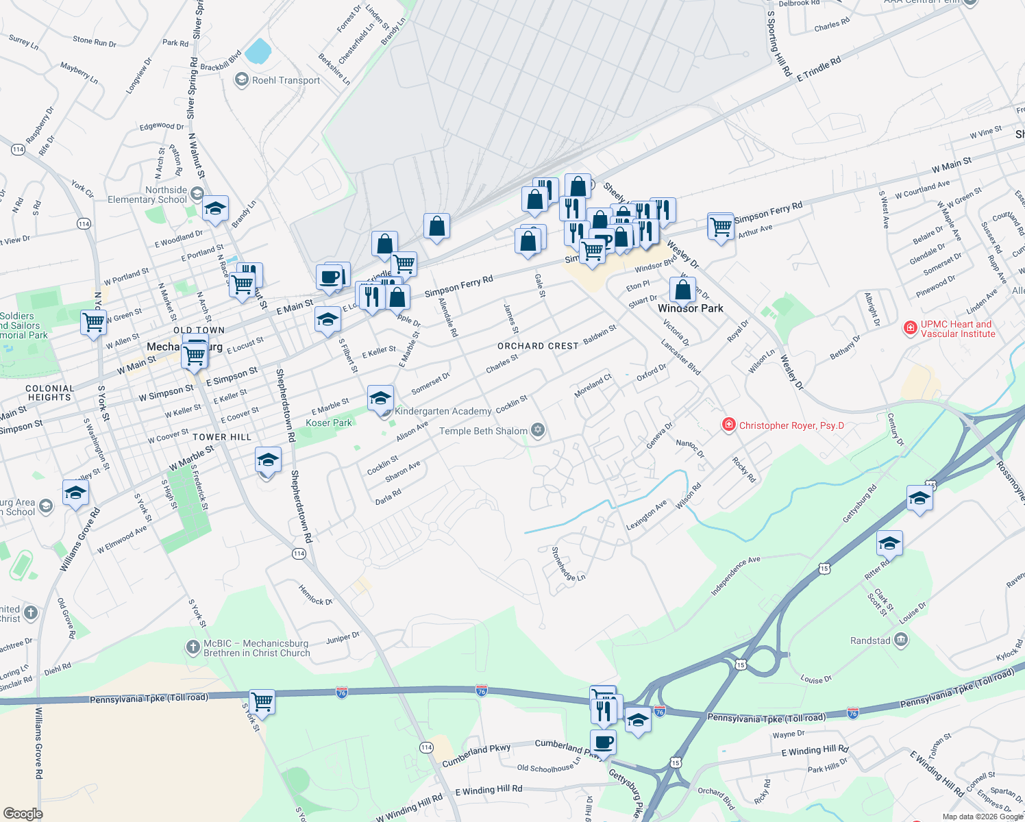 map of restaurants, bars, coffee shops, grocery stores, and more near 902 Cocklin Street in Mechanicsburg