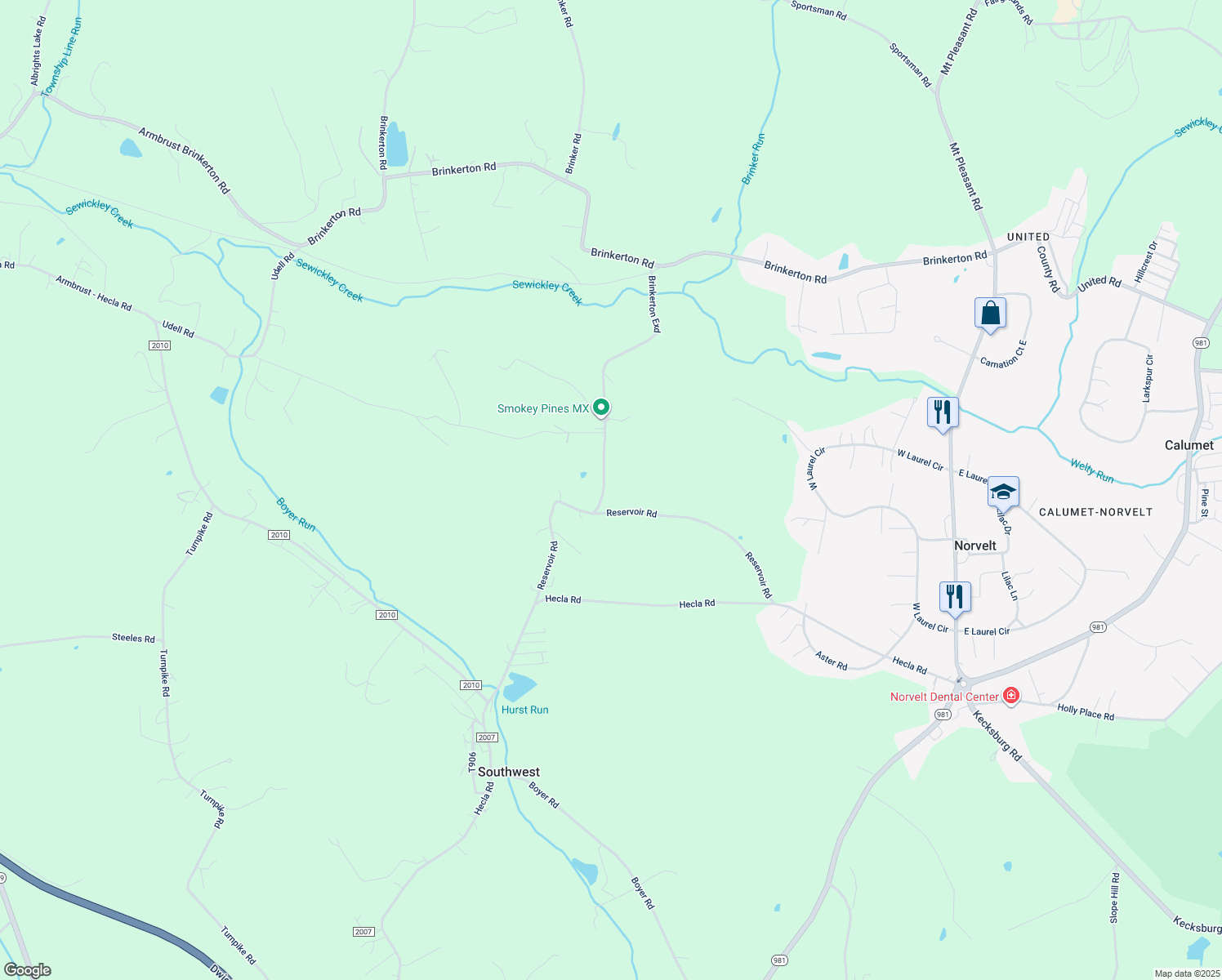 map of restaurants, bars, coffee shops, grocery stores, and more near 114 Sewickley Creek Road in Mount Pleasant