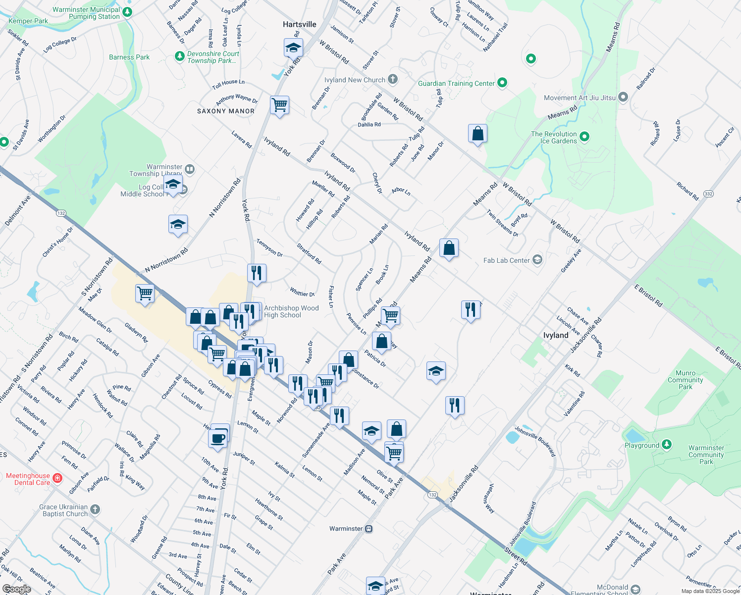 map of restaurants, bars, coffee shops, grocery stores, and more near 513 Brook Ln in Warminster