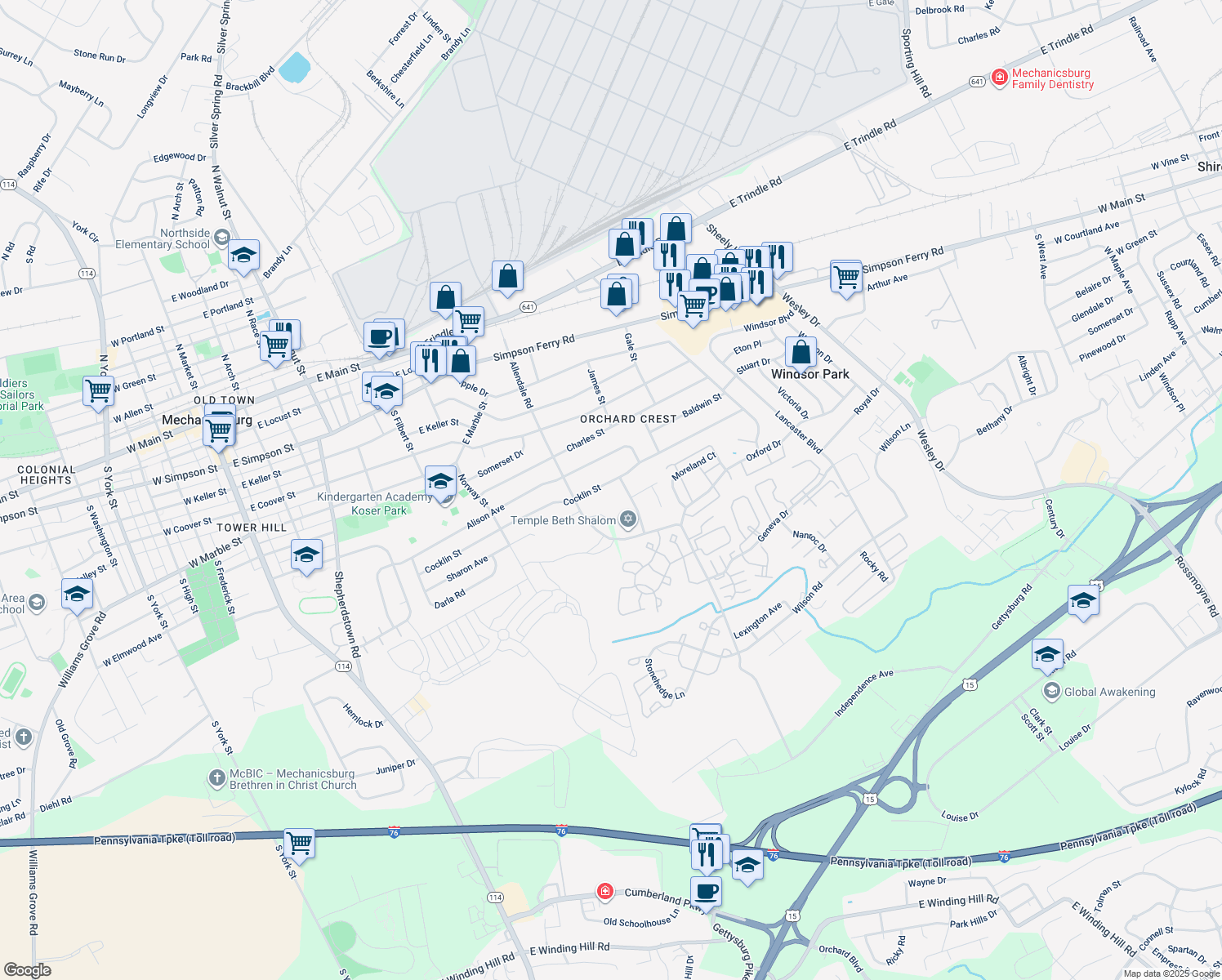map of restaurants, bars, coffee shops, grocery stores, and more near 906 Cocklin Street in Mechanicsburg