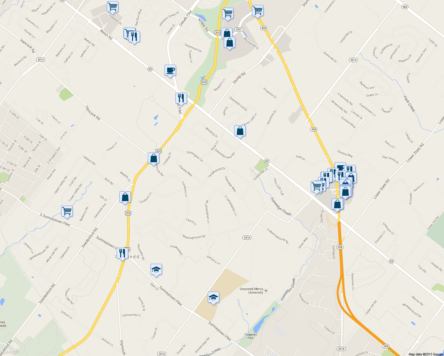 map of restaurants, bars, coffee shops, grocery stores, and more near 1386 Uxbridge Way in North Wales