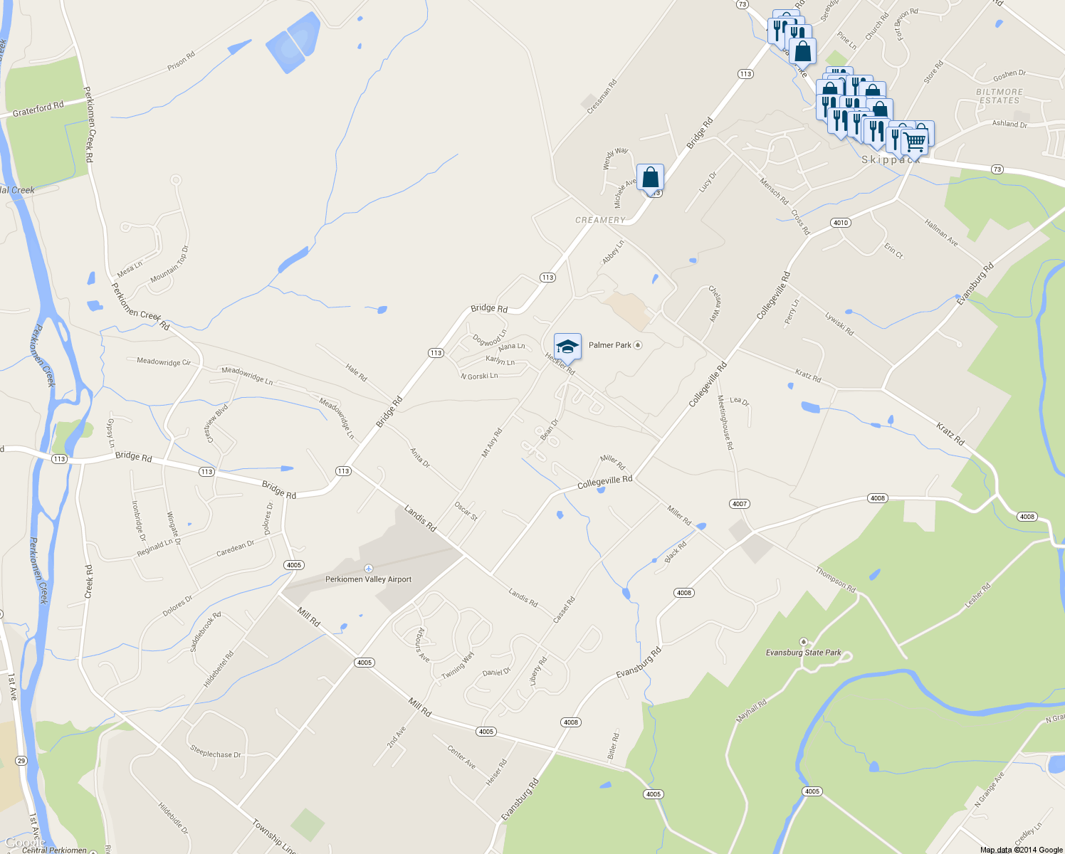 map of restaurants, bars, coffee shops, grocery stores, and more near 4018 Hoffman Court in Collegeville