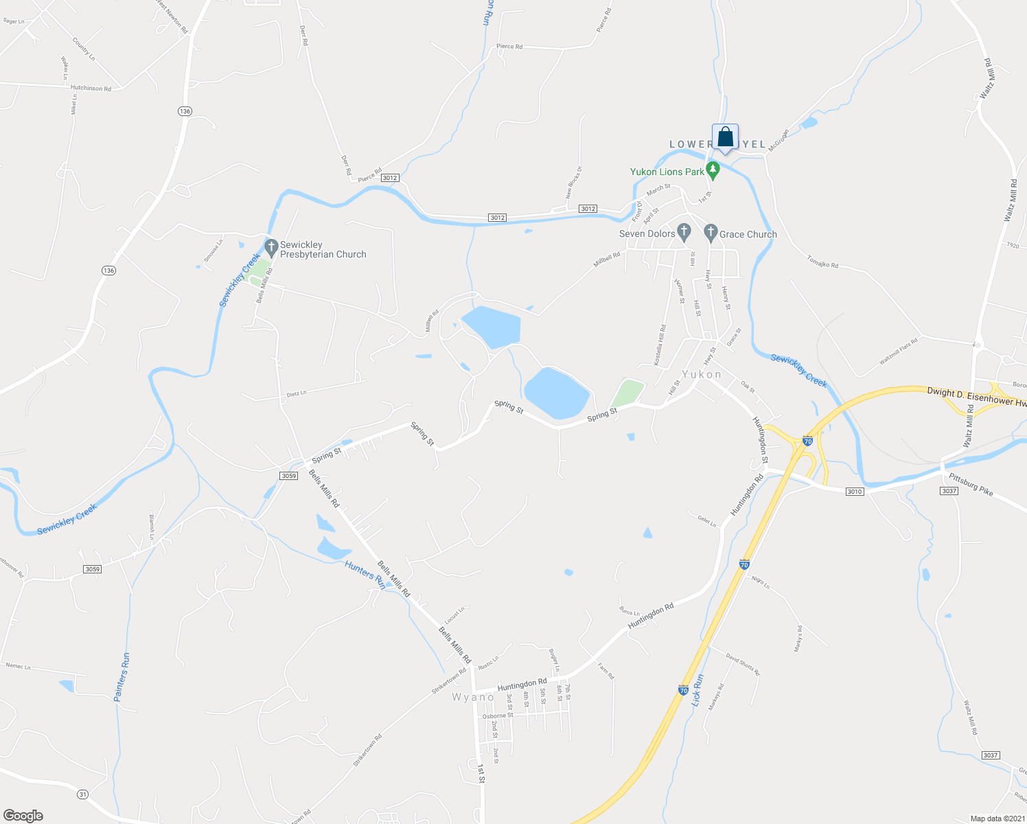 map of restaurants, bars, coffee shops, grocery stores, and more near 258 Spring Street in Yukon