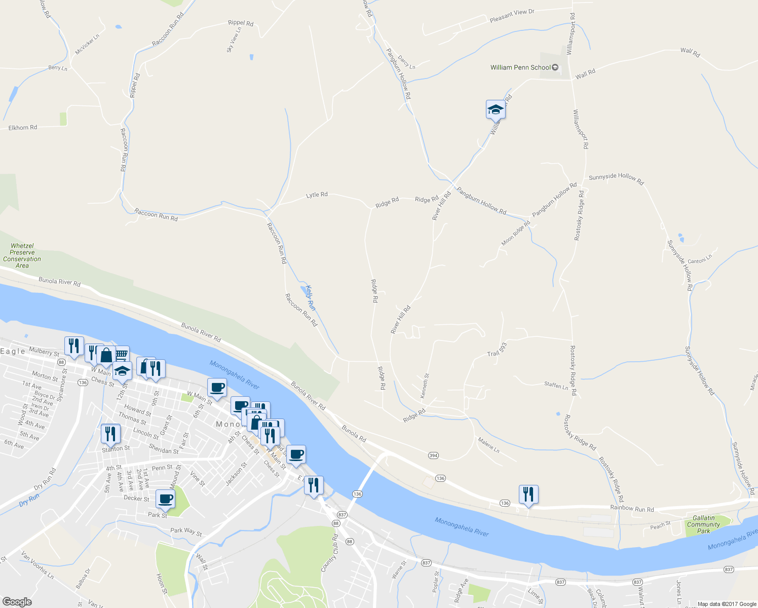 map of restaurants, bars, coffee shops, grocery stores, and more near 85 Ridge Road in Monongahela
