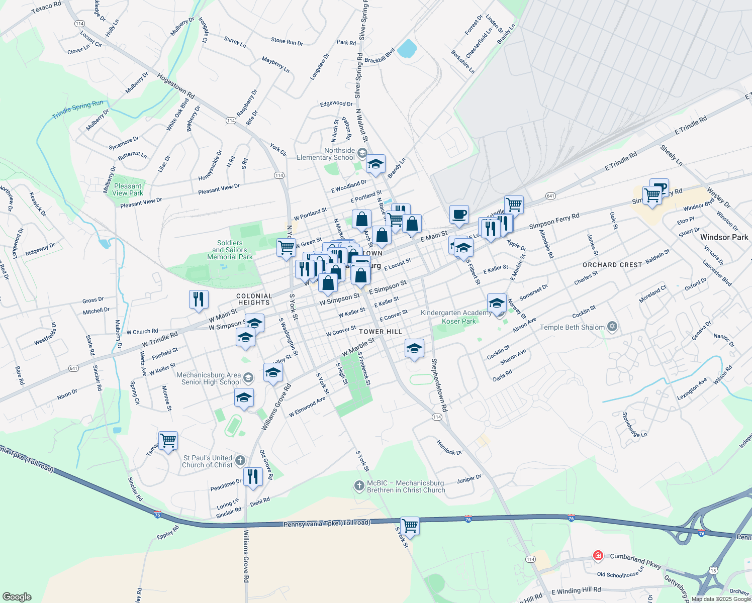 map of restaurants, bars, coffee shops, grocery stores, and more near 9 East Keller Street in Mechanicsburg
