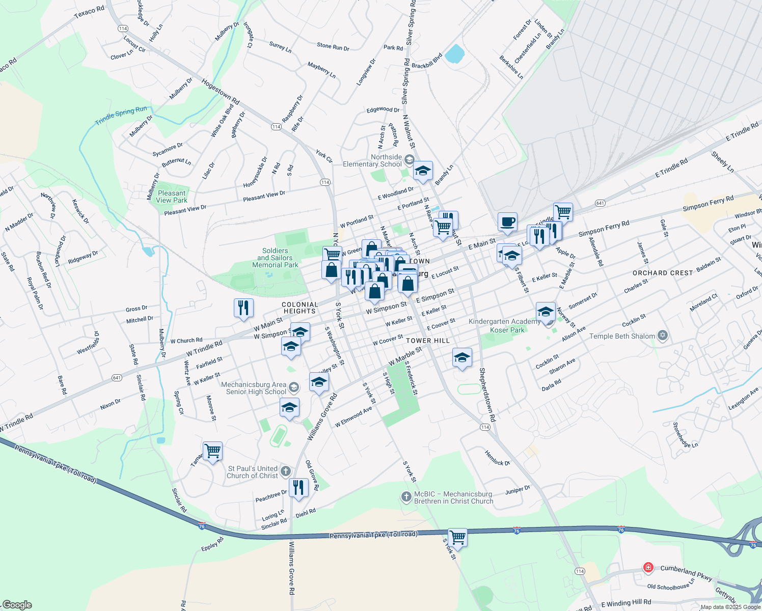 map of restaurants, bars, coffee shops, grocery stores, and more near 52 West Simpson Street in Mechanicsburg