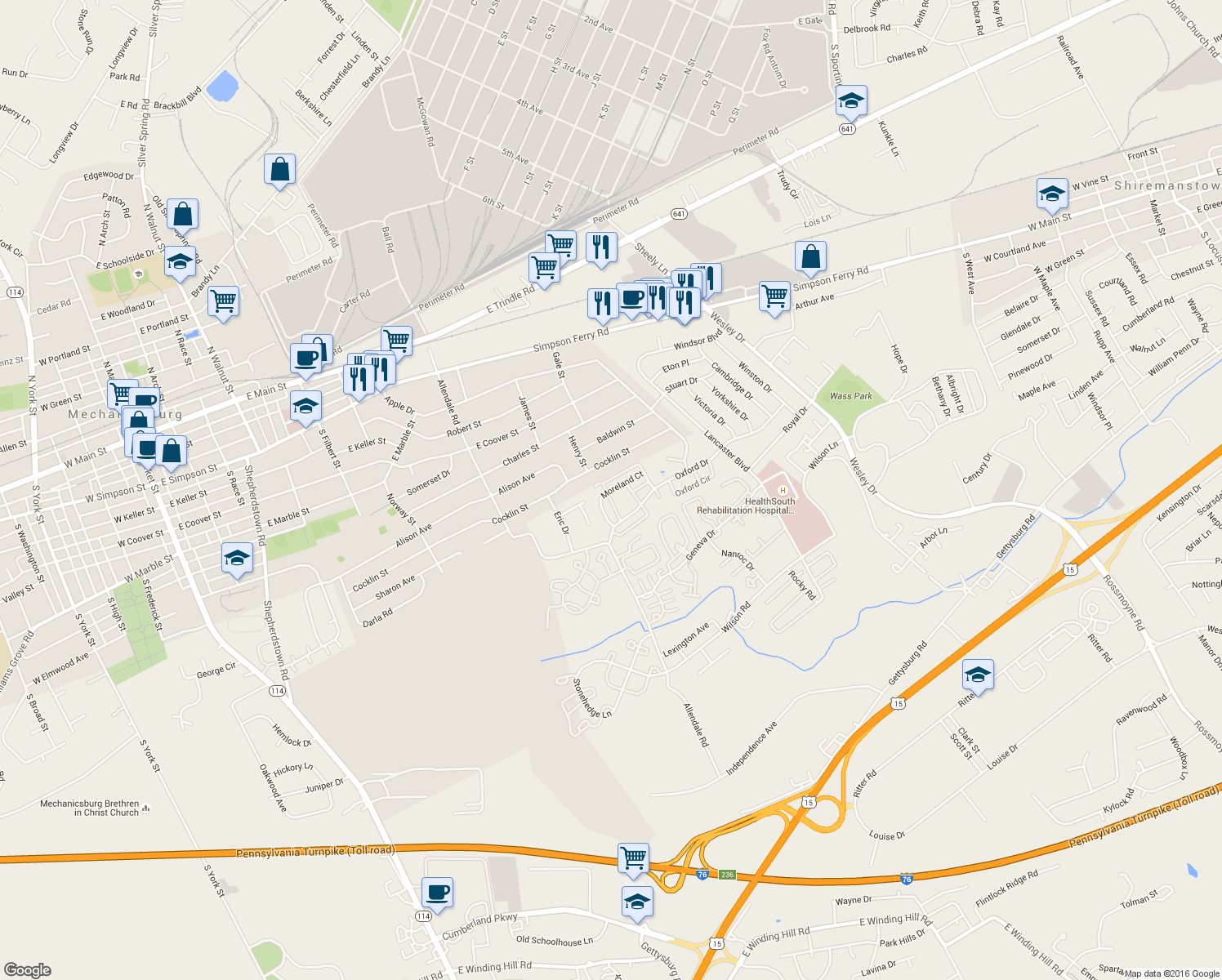 map of restaurants, bars, coffee shops, grocery stores, and more near 5540 Moreland Court in Mechanicsburg