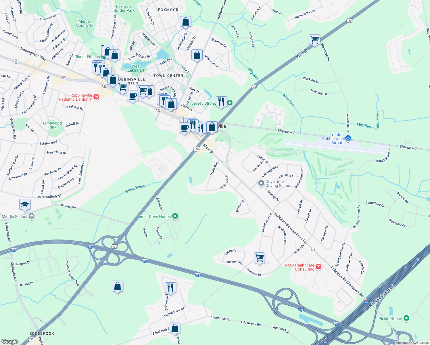 map of restaurants, bars, coffee shops, grocery stores, and more near 8 Trellis Way in Robbinsville