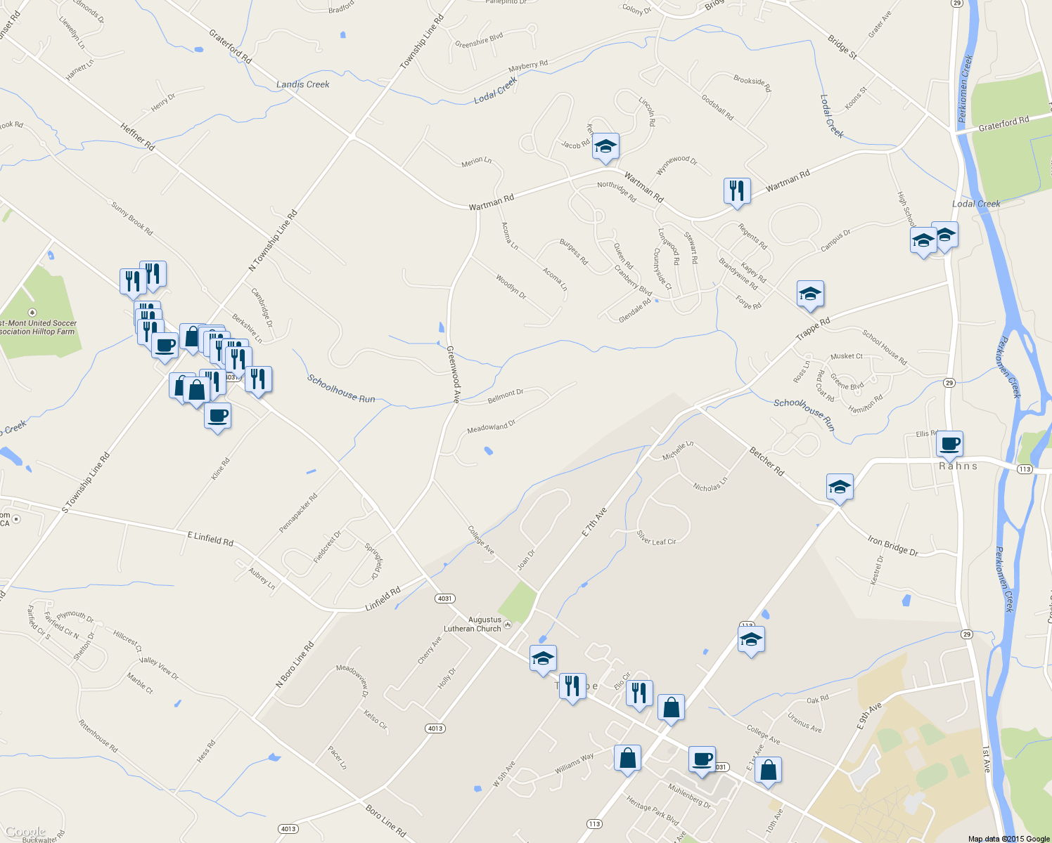 map of restaurants, bars, coffee shops, grocery stores, and more near 125 Meadowland Drive in Collegeville