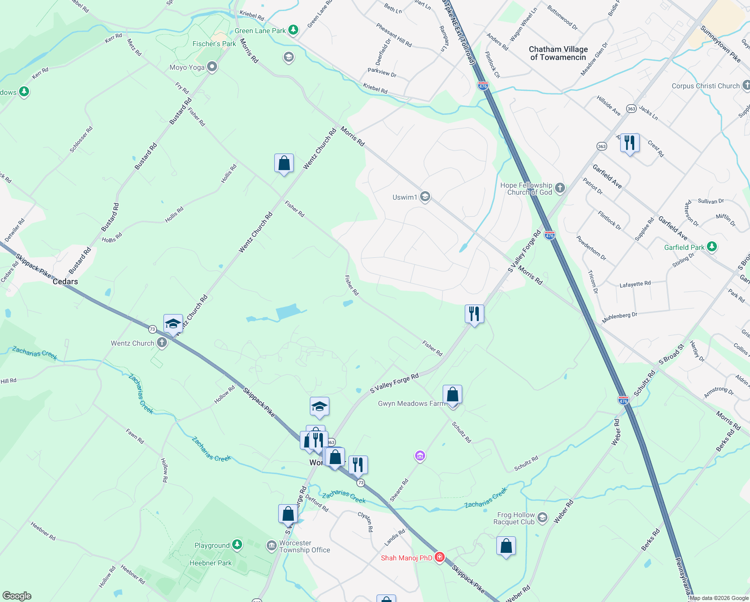 map of restaurants, bars, coffee shops, grocery stores, and more near 3074 Scheid Way in Lansdale
