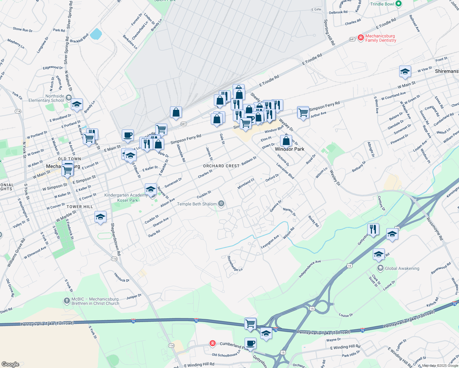 map of restaurants, bars, coffee shops, grocery stores, and more near 1094 Cocklin Street in Mechanicsburg