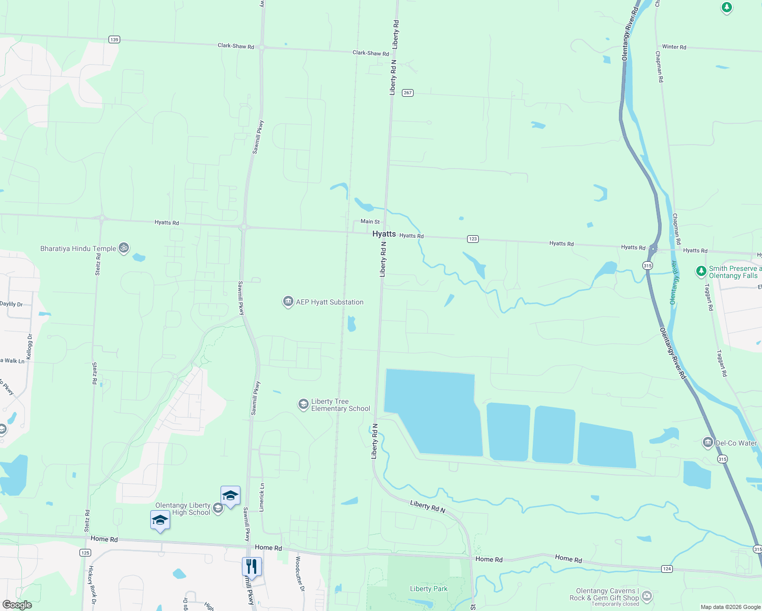 map of restaurants, bars, coffee shops, grocery stores, and more near 6290 Liberty Road in Powell
