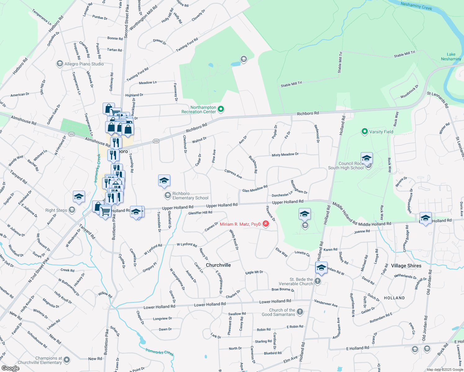 map of restaurants, bars, coffee shops, grocery stores, and more near 353 Glen Meadow Road in Richboro