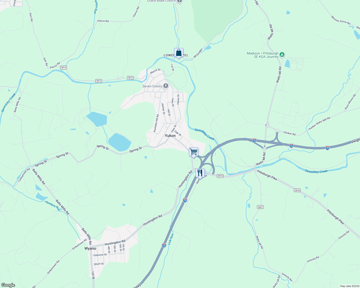 map of restaurants, bars, coffee shops, grocery stores, and more near 422 Huntingdon Street in Yukon